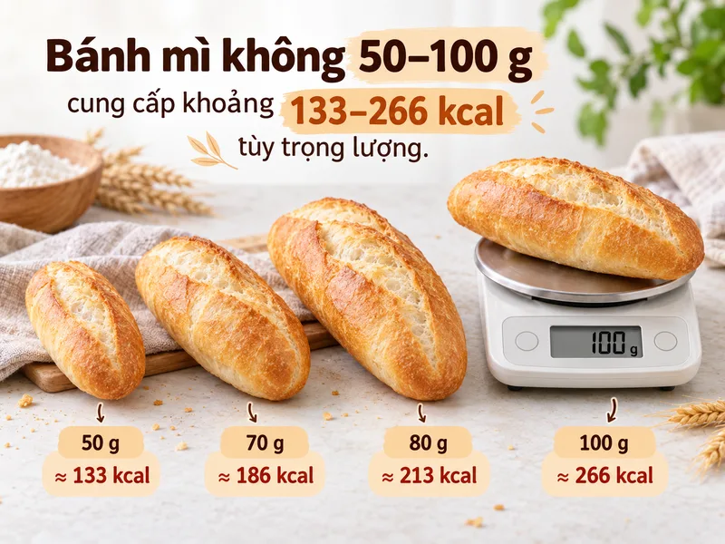 Bánh mì không 50–100 g cung cấp khoảng 133–266 kcal tùy trọng lượng.