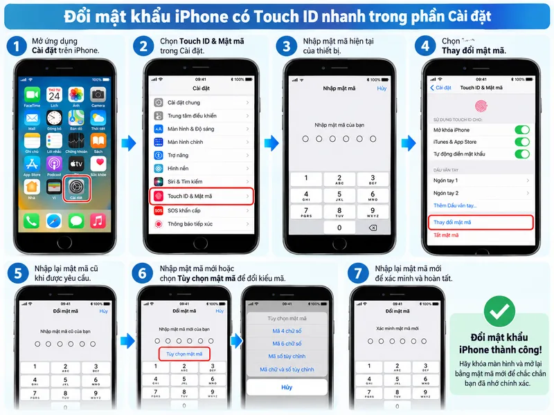 Đổi mật khẩu iPhone có Touch ID nhanh trong phần Cài đặt