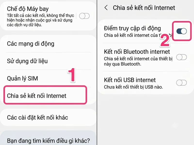 Cách phát wifi từ điện thoại Samsung qua phần Cài đặt.