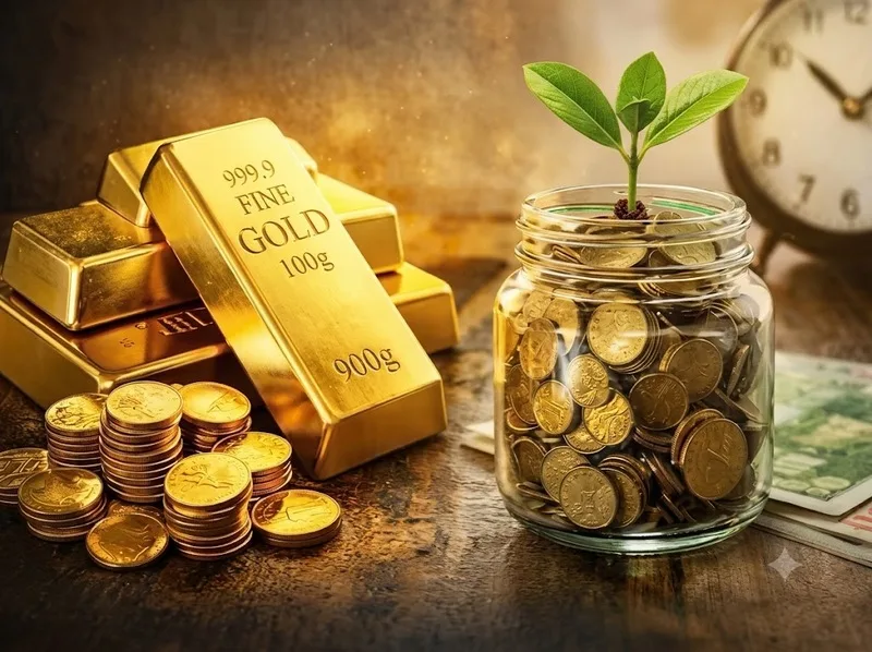 Thỏi vàng và hũ vàng gợi liên tưởng đến tài sản tích lũy