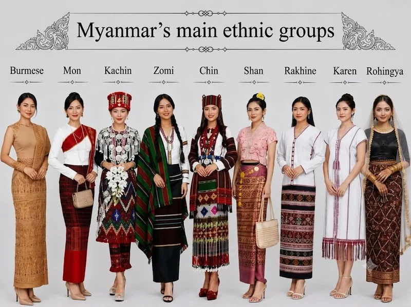 Trang phục các dân tộc Shan, Kachin và Chin mang họa tiết riêng